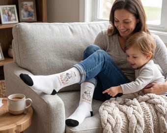 Moederdag sokken, cadeau voor moeder, schattige moeder en kind illustratie sokken, grappige gezellige sokken voor moeder, bloemen cadeau moeder, schattige mama sokken