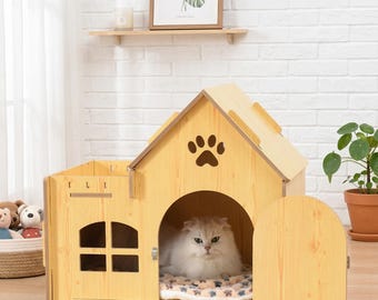 Luxury Cat House with Roof Terrace - Indoor Pet Villa for Small Cats and Dogs - Modern Two-Story Pet Cabin - Cozy Kitty Condo and Lounge
