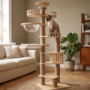 May include: A multi-level cat tree made of light wood and rope, featuring platforms, a hammock, and a clear dome. A Siamese cat sits on one of the platforms. The cat tree is in a living room setting.