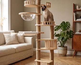 Modern Cat Tree with Transparent Bowl,Multi-Level Aesthetic Cat Tower,Luxury Pet Furniture for Large Cats,Tall Indoor Cat Condo with Hammock