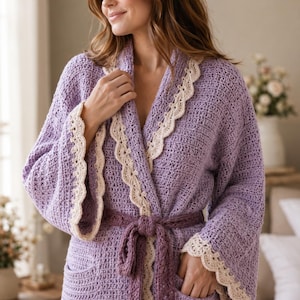 Crochet Robe Pattern, Lace Robe Crochet Pattern PDF, Womens Dressing Gown, Knee Length Bathrobe, Shawl Collar Robe, Cozy Gift for Her
