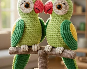 Para papug na grzędzie, pluszowy ptak amigurumi, tropikalny wystrój pokoju dziecięcego, ręcznie robiony zielony pluszak nierozłączka, prezent dla miłośnika ptaków