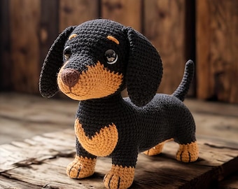Pluszowy jamnik szydełkowany, ręcznie robiony jamnik amigurumi, czarno-podpalany jamnik pluszowy, prezent dla miłośnika psów, pluszowa dekoracja pokoju dziecięcego