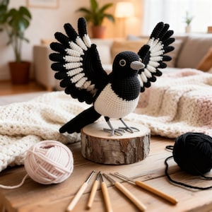 Peut inclure: Un geai des choucas fait à la main au crochet, avec des ailes déployées, présentant un plumage noir et blanc. L'oiseau est perché sur une tranche de bois, avec des crochets et des pelotes de laine au premier plan. L'objet est décoratif.