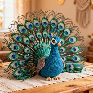 May include: A handcrafted peacock figurine with a vibrant display of blue, green, and teal feathers. The peacock is made of yarn and sits on a beige surface. The peacock's body is a deep blue, with a tan and teal tail.