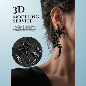 May include: A black earring with an organic, spiked, and curved shape worn on an ear. Text on the image reads 3D MODELING SERVICE, CUSTOM MODEL, OPTIMIZED RENDER, and ANIMATION VISUALS. A circular inset shows the black earring and several smaller silver versions.