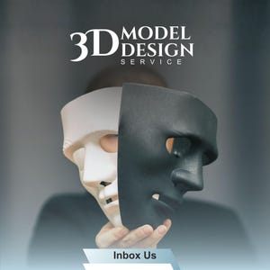 May include: A dual-toned mask featuring a white left side and a black right side, with the text 3D MODEL DESIGN SERVICE at the top and Inbox Us at the bottom. The mask has cutouts for eyes and a nose, presenting a split-face appearance.