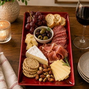 May include: A rectangular red serving platter filled with an assortment of food including red grapes, sliced baguette, salami, prosciutto, brie cheese, cubed cheese, sliced cheese, green and black olives in a small bowl, crackers, and mixed nuts.