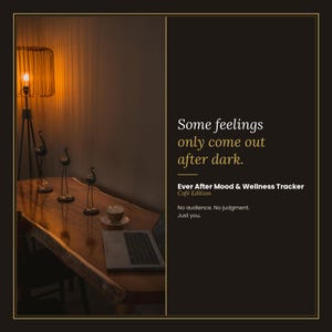 Può includere: Interno con luce soffusa con un tavolo in legno, statuette decorative di uccelli, un laptop e una tazza di caffè. Il testo recita: "Some feelings only come out after dark." e "Ever After Mood & Wellness Tracker Café Edition."