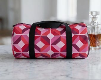 Rosa geometriskt kubmönster duffelväska | Retro diamantformad gymväska