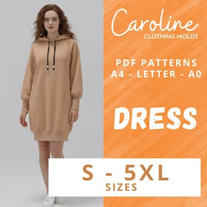 Puede incluir: Un vestido con capucha de color beige con cordones negros y un dobladillo redondeado. El vestido se muestra en una modelo. El texto en la imagen dice "Caroline Clothing Molds", "PDF Patterns", "Dress" y "Tallas S - 5XL".