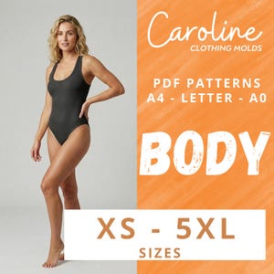 Puede incluir: Una mujer con un body gris oscuro. La imagen incluye el texto "Caroline CLOTHING MOLDS", "PDF PATTERNS A4 - LETTER - AO", "BODY" y "XS - 5XL SIZES" sobre un fondo naranja.