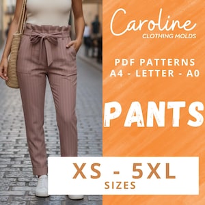 Puede incluir: Pantalones de rayas finas rosas con cintura alta y detalle de lazo. La imagen también presenta el texto "Caroline Clothing Molds" y "Pants" con el rango de tallas "XS - 5XL".