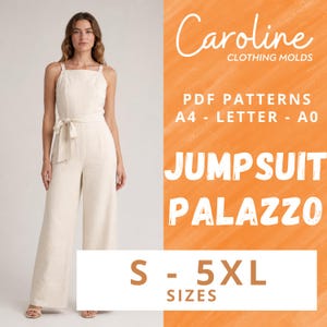 May include: A cream-colored jumpsuit with wide legs and a square neckline. The jumpsuit has a matching belt tied at the waist. The image includes text that reads "Caroline Clothing Molds" and "Jumpsuit Palazzo" with size options from S to 5XL.