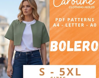 Bolero jacket sewing pattern A0 LETTER A4 pdf, cropped shrug, open front short sleeve
