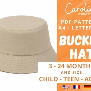 Puede incluir: Un sombrero de pescador de color beige junto a un texto que dice Caroline Clothing Molds, PDF Patterns A4 - Letter - A0, Bucket Hat, 3 - 24 Months and Size Child - Teen - Adult, con pequeños iconos de banderas de EE. UU., Francia, Alemania y España.