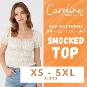 May include: A cream-colored smocked top with short, puffed sleeves and a square neckline. The image includes the text "Caroline Clothing Molds" and "Smocked Top" with size options from XS to 5XL. The top is paired with blue jeans.