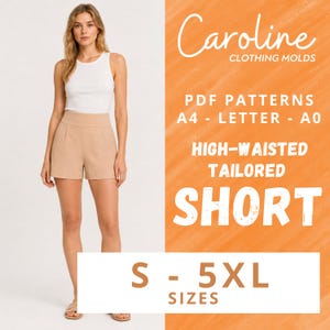 Puede incluir: Una mujer con una camiseta sin mangas blanca y pantalones cortos a medida de cintura alta en un color neutro. La imagen incluye el texto "Caroline Clothing Molds" y "High-Waisted Tailored Short" con tallas S-5XL.