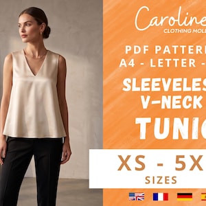 May include: A sleeveless V-neck tunic in a champagne-colored satin fabric. The image includes text: Caroline CLOTHING MOLDS, PDF PATTERNS A4 - LETTER - A0, SLEEVELESS V-NECK TUNIC, and XS - 5XL SIZES, along with small flag icons at the bottom.