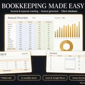 Könnte beinhalten: Eine digitale Buchhaltungs-Tabellenvorlage mit dem Titel BOOKKEEPING MADE EASY, die eine Jahresübersicht, Einnahmen- und Ausgabenverfolgung, einen Rechnungsgenerator und eine Kundendatenbank enthält. Mit goldenen Balken- und Kreisdiagrammen.