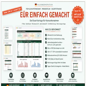 May include: A promotional graphic for an Excel template for small businesses, featuring a dashboard and various charts. Text includes "EÜR EINFACH GEMACHT" and "Ready for official submission." The design is primarily white and green, with German text.