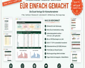 Buchhaltung Kleinunternehmer Excel Vorlage | EÜR Einnahmen Ausgaben | Kassenbuch | Selbstständige Freelancer | DEUTSCH Sofort Download