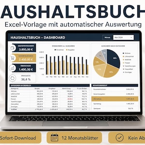 Puede incluir: Una pantalla de portátil que muestra una plantilla de Excel para presupuesto doméstico titulada HAUSHALTSBUCH. El panel presenta datos financieros, incluyendo ingresos totales, gastos, un gráfico de barras y un gráfico circular.