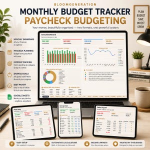 Może przedstawiać: Cyfrowy system do śledzenia miesięcznego budżetu i planowania wypłat wyświetlany na laptopie, tablecie i smartfonie. Ekrany pokazują pulpity nawigacyjne finansów, wykresy wydatków, cele oszczędnościowe i tabele spłat zadłużenia.