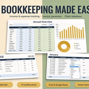Könnte beinhalten: Eine digitale Buchhaltungs-Tabellenvorlage mit einer Jahresübersichtstabelle, einem Rechnungsformular und einem monatlichen Transaktionsprotokoll. Die Benutzeroberfläche zeigt Diagramme, Einnahmen- und Ausgabendaten sowie Dropdown-Menüs zur Kategorisierung.