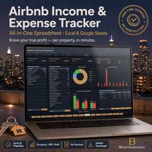 May include: A laptop displaying an Airbnb Income & Expense Tracker spreadsheet for Excel and Google Sheets. The screen shows an annual executive dashboard with financial charts, income summaries, and expense categories. A wooden house-shaped keychain sits nearby.