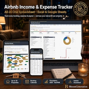 Kalkylblad för hyresfastigheter, inkomst- och kostnadsspårare för Airbnb för hyresvärd, bokningsspårare, beläggning, skatt, Google Sheets Excel