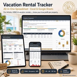 May include: A digital vacation rental tracker spreadsheet for Excel and Google Sheets displayed on a laptop, tablet, and smartphone. The screens show property comparison data, monthly dashboards, and booking reservations with charts and tables.