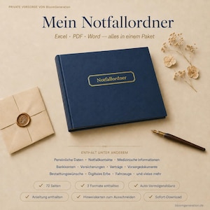 May include: A navy blue emergency binder titled "Mein Notfallordner" with gold lettering, alongside a pen, envelope with a wax seal, and dried flowers. The binder includes sections for personal data, medical information, and more.