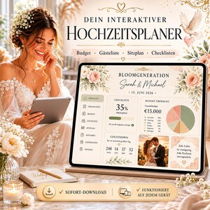 Könnte beinhalten: Eine Braut in einem Hochzeitskleid hält ein Tablet mit einer Hochzeitsplaner-App. Die App zeigt eine Checkliste, ein Budget und einen Countdown. Der Text auf dem Bildschirm lautet "BLOOMGENERATION Sarah & Michael 15. JUNI 2026".