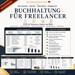 Könnte beinhalten: Eine digitale Buchhaltungsvorlage für Freelancer mit dem Titel Buchhaltung für Freelancer, die einen Laptop mit einem Finanz-Dashboard für Einnahmen, Ausgaben und Gewinn sowie eine Liste der Funktionen und verschiedene Übersichtstabellen zeigt.