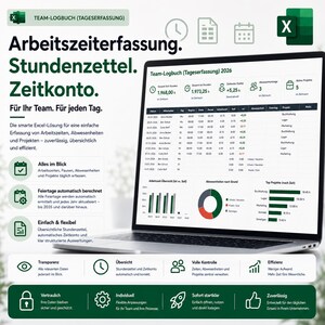 Könnte beinhalten: Ein Laptop-Bildschirm zeigt eine Excel-Tabelle zur Zeiterfassung mit Diagrammen und Daten. Der Text im Bild ist auf Deutsch, mit dem Titel "Arbeitszeiterfassung" (Zeiterfassung). Der Bildschirm zeigt eine detaillierte Ansicht der Arbeitszeiten, Abwesenheiten und Projektdaten.