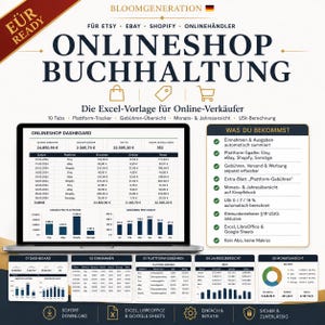 Könnte beinhalten: Eine digitale Excel-Vorlage für die Online-Shop-Buchhaltung mit dem Titel ONLINESHOP BUCHHALTUNG. Das Bild zeigt einen Laptop-Bildschirm mit einem Dashboard, das Finanzdaten, Diagramme und eine Liste der Funktionen für Verkäufer darstellt.