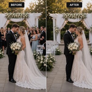 May include: A split-screen comparison showing a wedding couple standing before a white pergola with floral arrangements. The left side is labelled BEFORE and the right side is labelled AFTER, displaying a couple in formal attire with a bouquet.