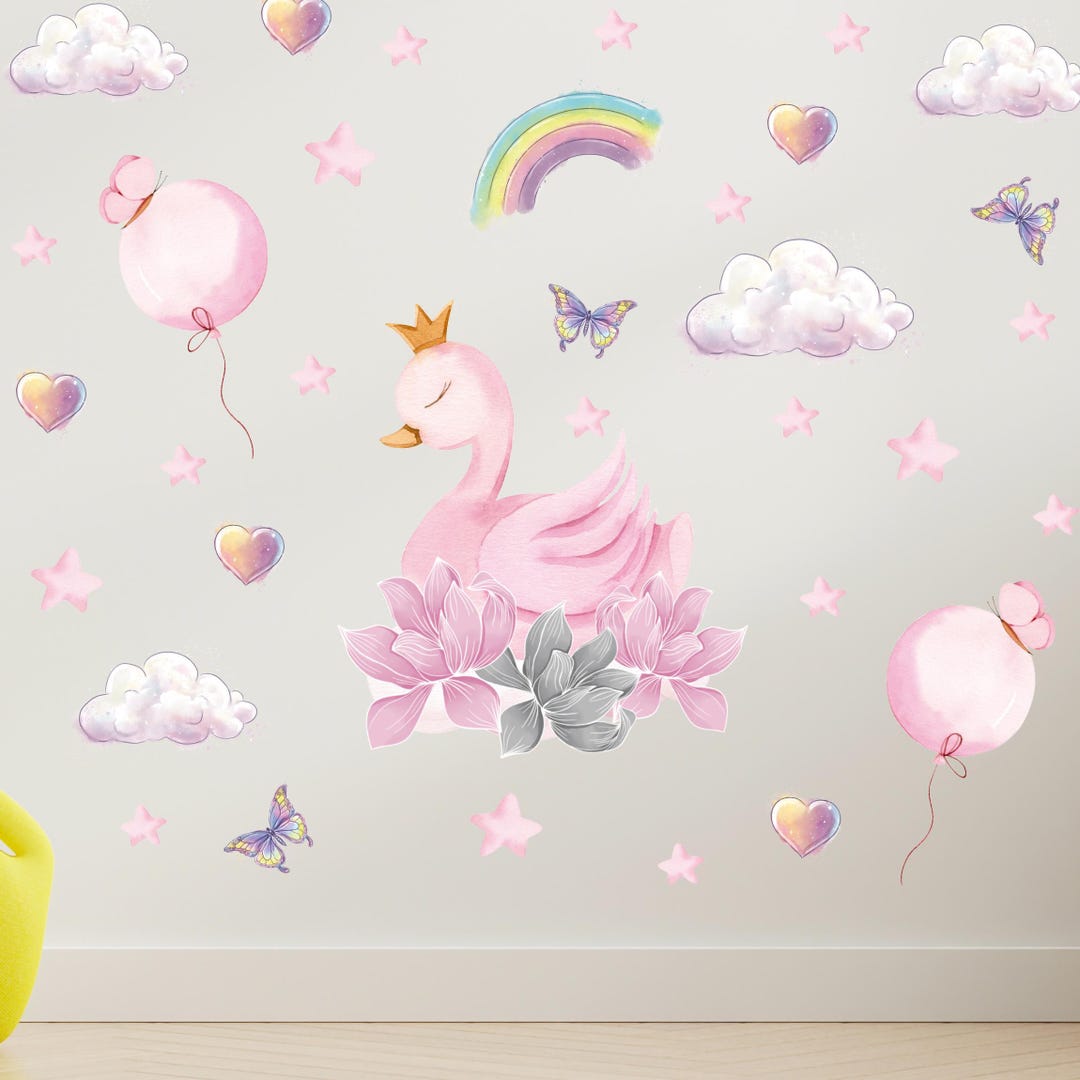 Pink Swan Wall Decals Peel and Stick Swan Nursery Decor Princess Swan ...