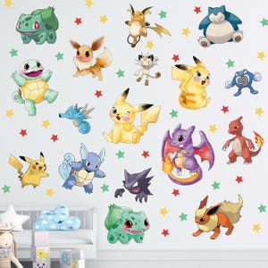 May include: A selection of cartoon character wall stickers, featuring Pikachu, Bulbasaur, and other characters, with star decorations. The characters are in different poses and colours, creating a playful and vibrant design for a child's bedroom.