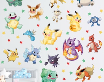 Pegatinas de pared de Pokémon: Pikachu, Eevee, Charizard, Bulbasaur, Squirtle y Snorlax. Set de pegatinas de personajes de Pokémon para la habitación infantil.