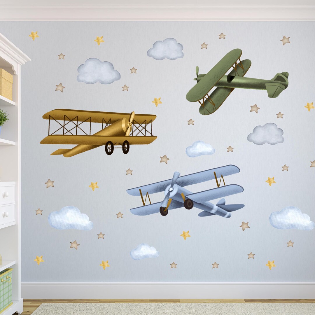Airplane Wall Stickers Vintage Biplane Wall Decals Plane Wall Art ...