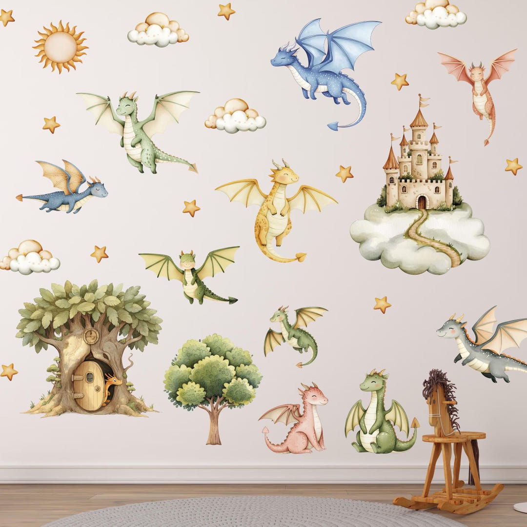 Dragon Peel and Stick Wall Decals, Cute Dragon Stickers, Castle Tree ...