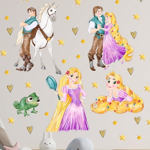 May include: Watercolour illustrations of characters from a fairy tale, including a princess with long blonde hair, a horse, and a chameleon. The images are decorated with gold stars and hearts, creating a whimsical theme.