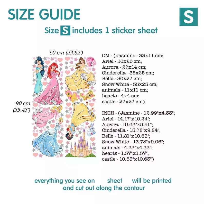 Princess Wall Stickers Ariel Jasmine Cinderella Belle Snow White Aurora ...