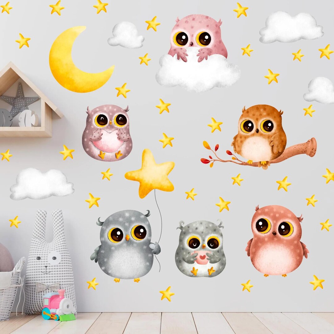 Owl Wall Decals, Cute Owl Stickers, Moon Stars Clouds Wall Decor, Baby ...