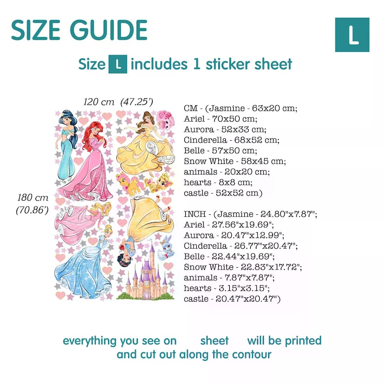 Princess Wall Stickers Ariel Jasmine Cinderella Belle Snow White Aurora ...
