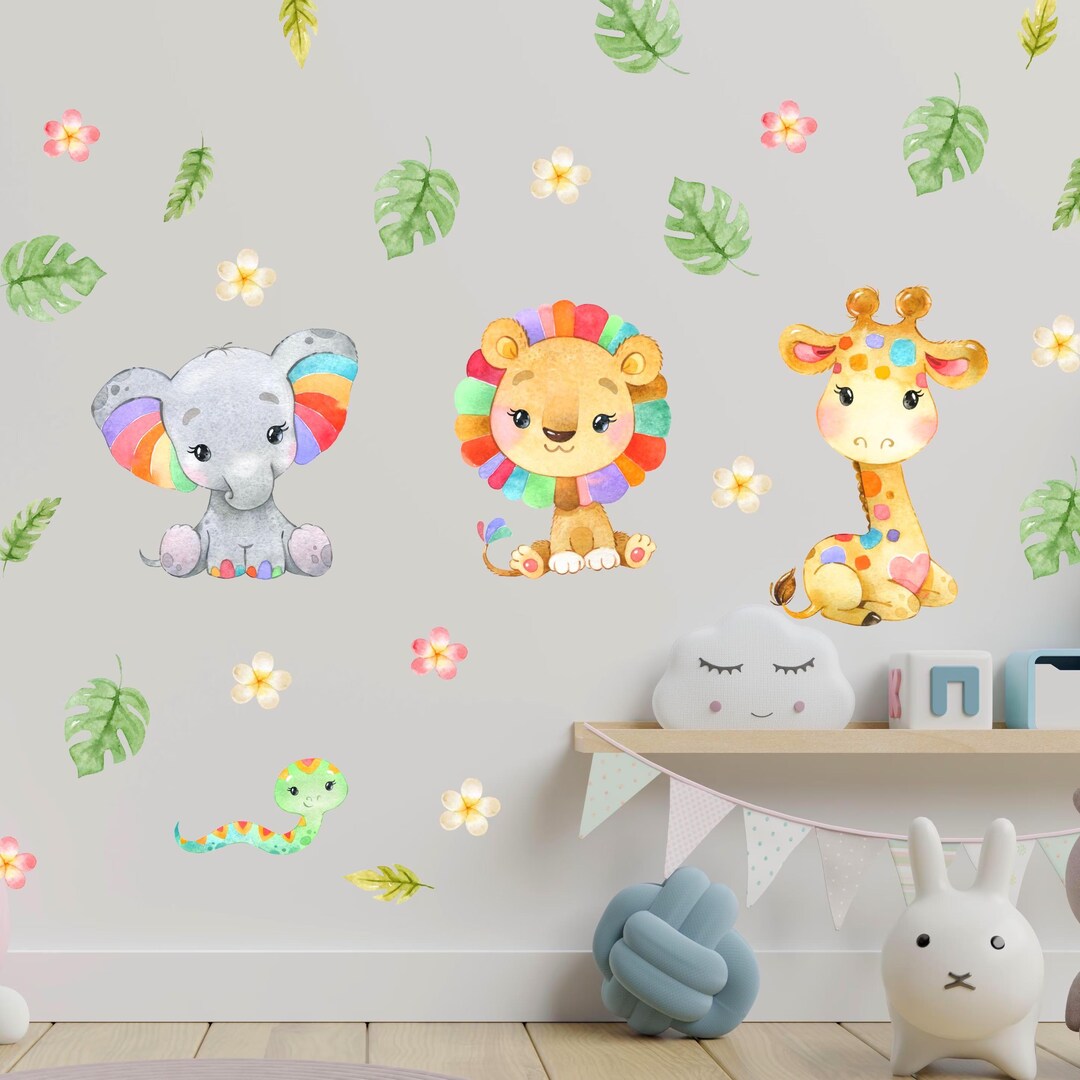 Safari Animals Wall Decals Cute Elephant Lion Giraffe Snake Stickers ...