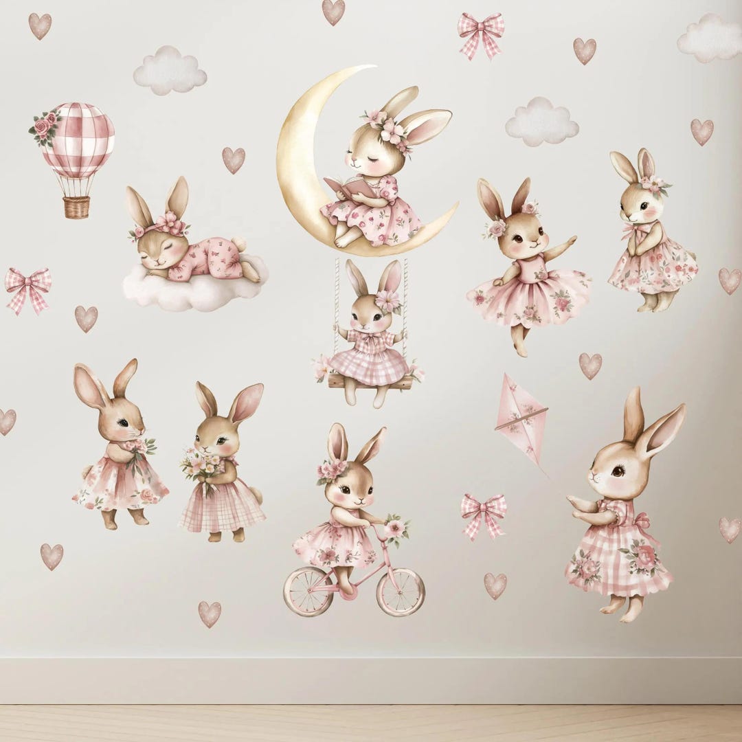Bunny Wall Decals Set, Rabbit Wall Stickers, Cute Bunny Decals, Bunny ...