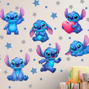 May include: A set of blue Stitch character stickers in different poses, featuring large ears and expressive eyes. The stickers are set against a backdrop of blue and silver star-shaped decorations. Some Stitch stickers are holding a pink heart.